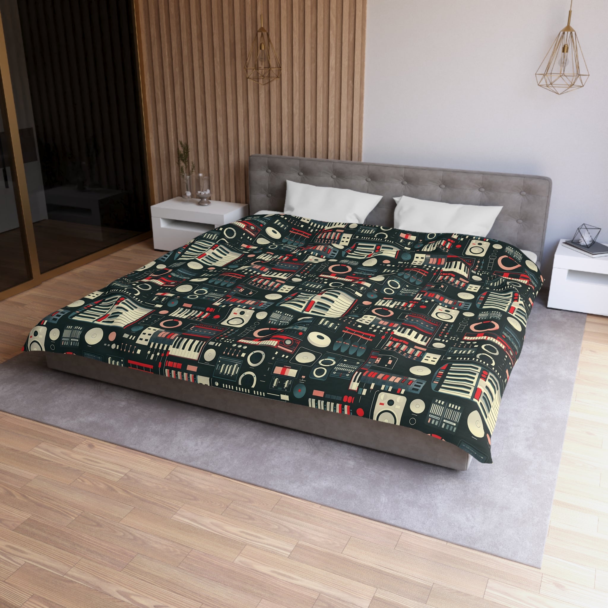 A modern bedroom featuring a bed with a music-themed comforter patterned with colorful motifs of synthesizers and audio equipment, blending comfort with a love for music production.