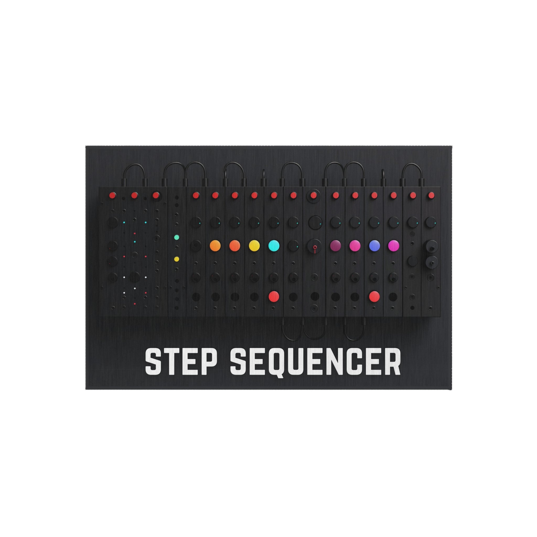 A floor mat with a detailed graphic print resembling a step sequencer, a piece of music equipment used for programming sequences of sounds. It has rows of buttons in various colors like red, orange, cyan, and pink on a black background, mimicking the look of a real device. Above the rows of colored buttons, small red LED-like lights are depicted. Below the graphic, the words 'STEP SEQUENCER' are boldly printed in white capital letters, emphasizing the music production theme of the mat.