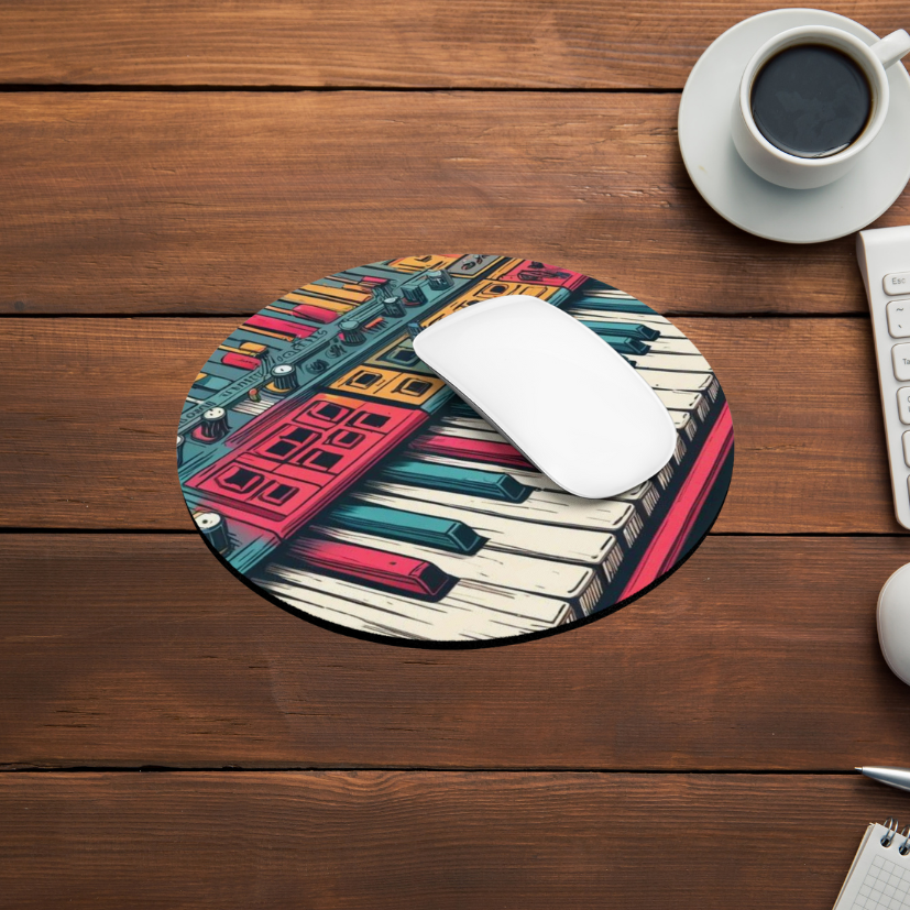 A vibrant, round mouse pad with a colorful synthesizer design, situated on a wooden desk next to a cup of coffee and a white mouse, perfect for music producers seeking a creative workspace.