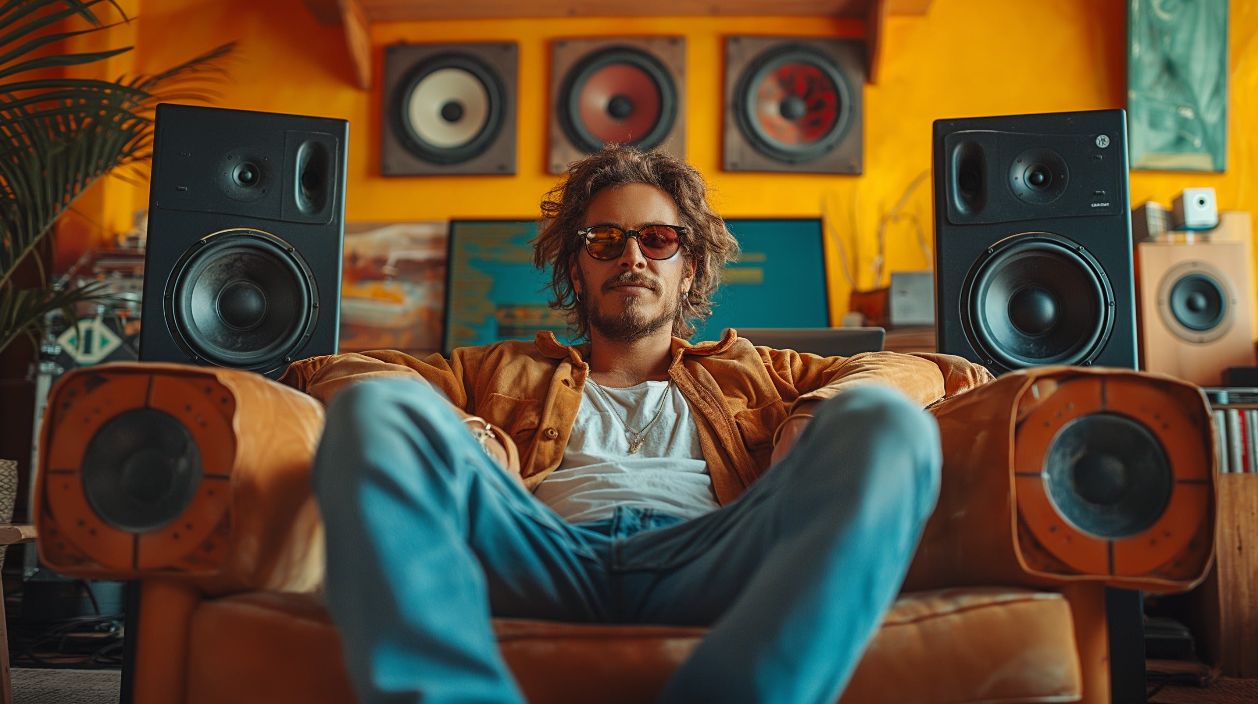 A relaxed music producer lounges in a leather chair, surrounded by a variety of colorful speakers in a vibrant, music-filled room.